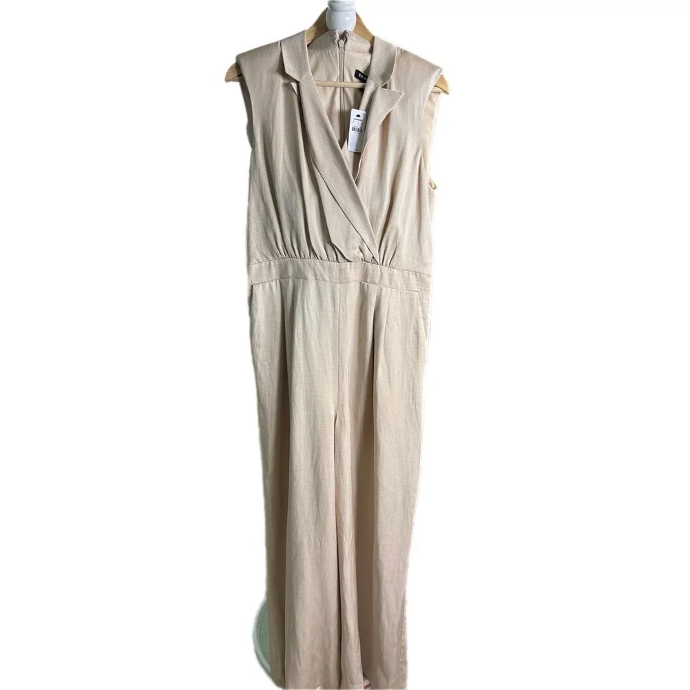 Express Sleeveless Wide Leg Jumpsuit Womens L Beige Linen Blend‎ Wide Leg Collar